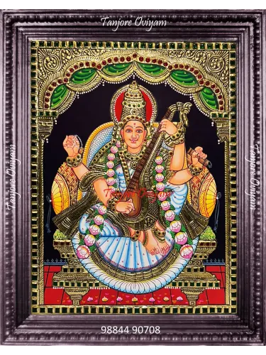 Saraswathi Devi with garland Tanjore painting holding veena with gold foil work